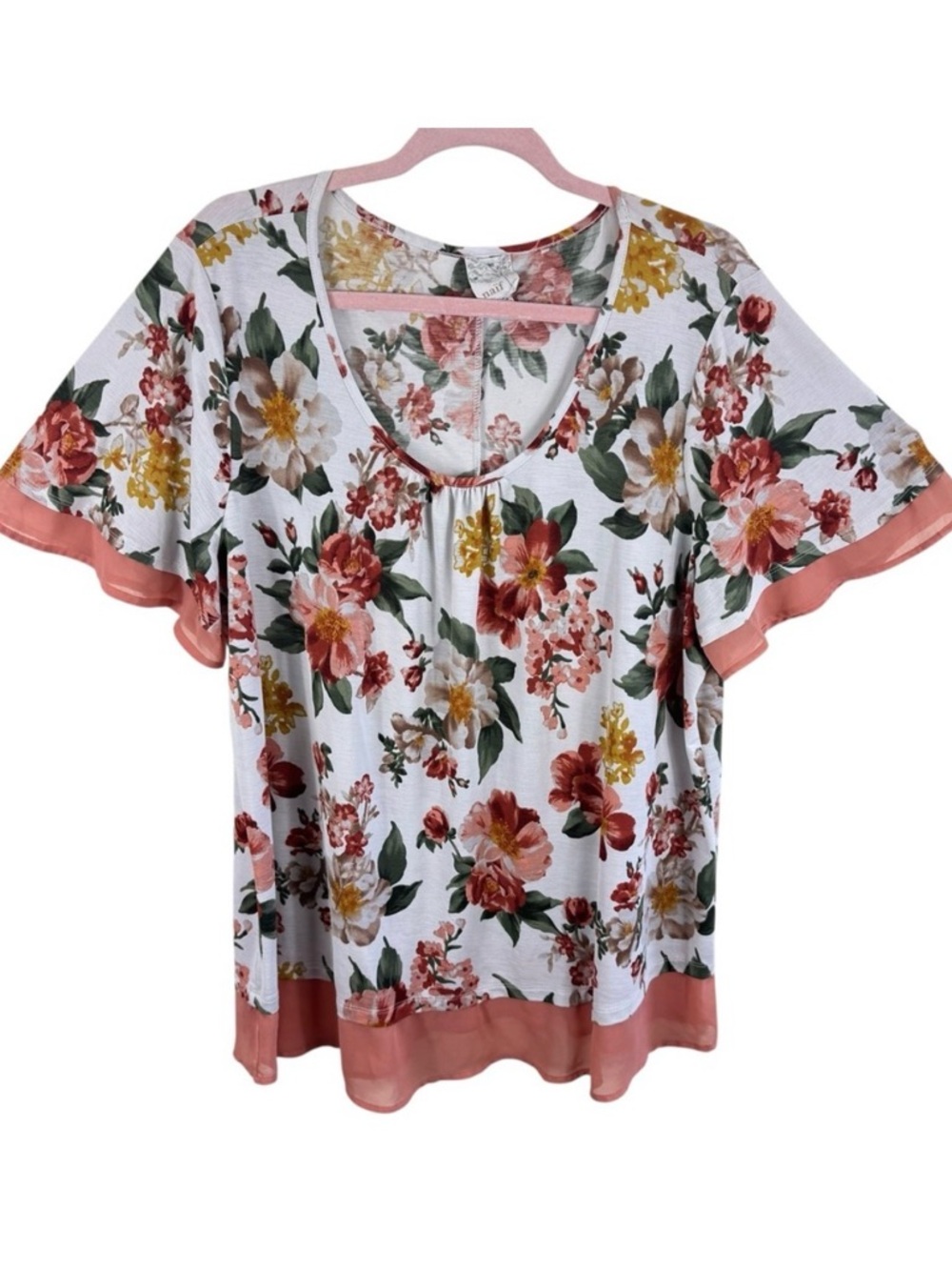 Naif Womens Plus Size 2X Floral Print Flutter Sleeve Top Coral Trim Cottage Core